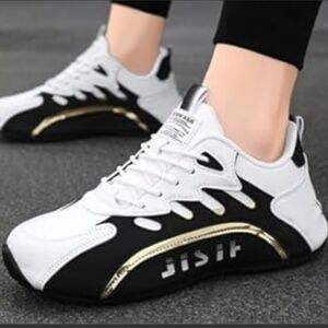 Men's White and Black Sneakers with Gold Accent